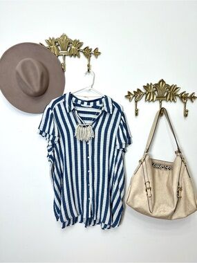 Jane and Delancey Navy and White Vertical Stripe Button-Up